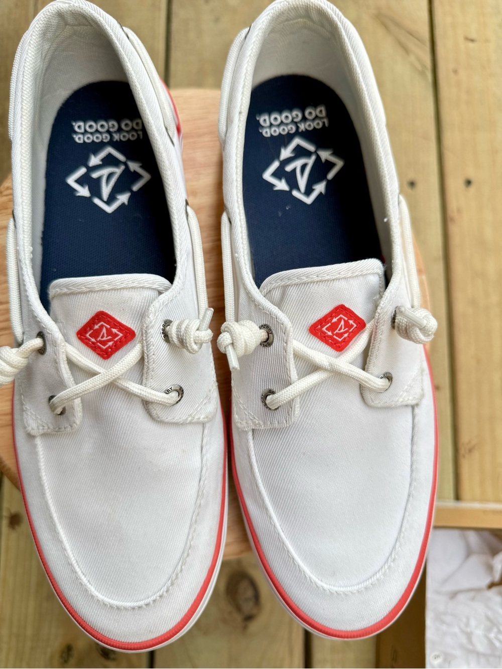 Sperry White Canvas Boat Shoes with Red Trim